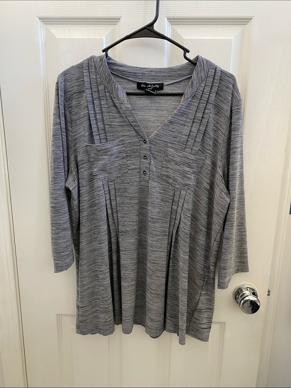 Soft Knit Heather Gray Pleated V-Neck Blouse